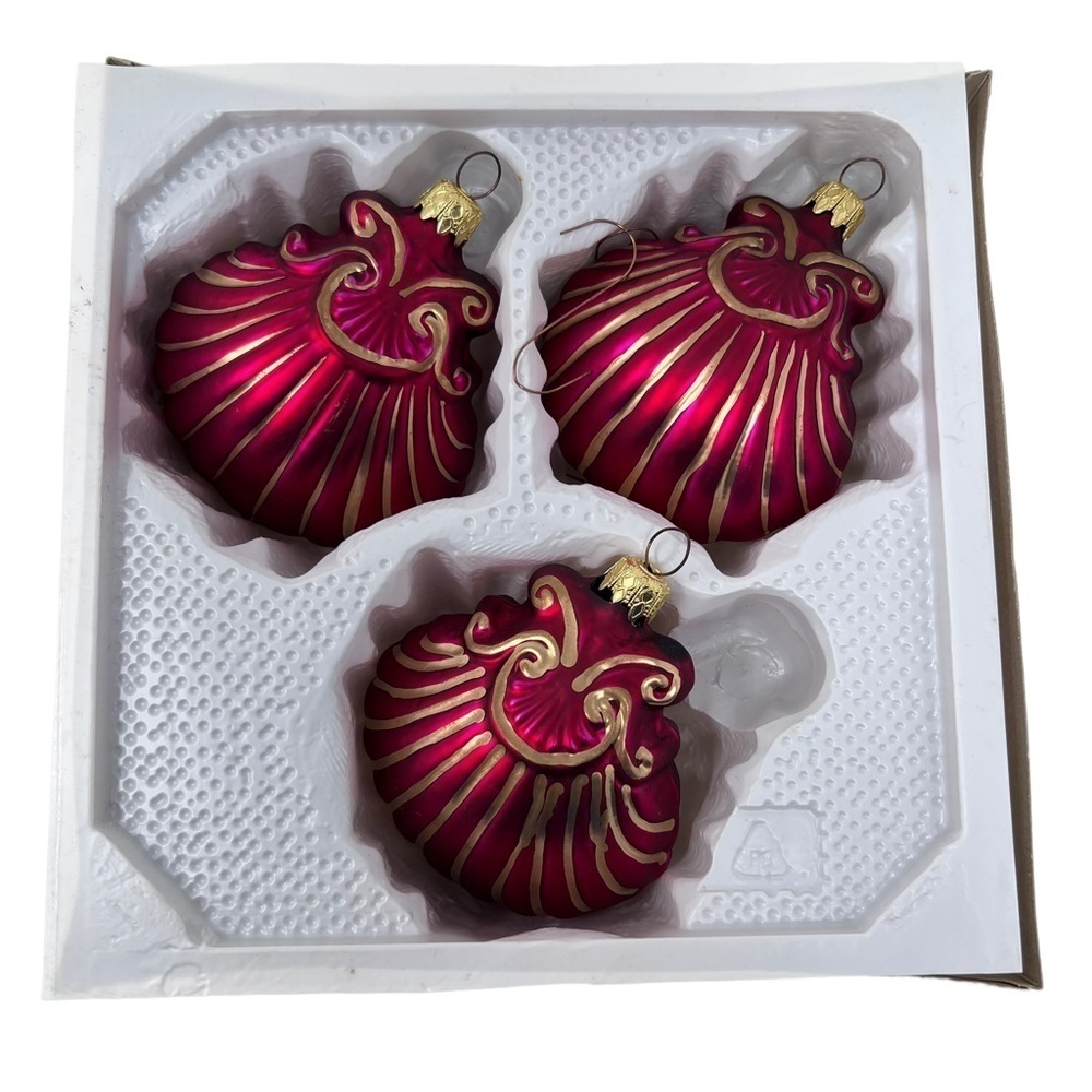 VTG Tannenbaum Collection Four Poland Blown Glass Red Gold Sea Shell Ornaments